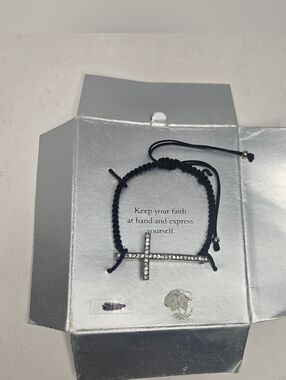 Sideways Cross Bracelet Black Macrame Braided Cord Sparkling Crystals Adjustable